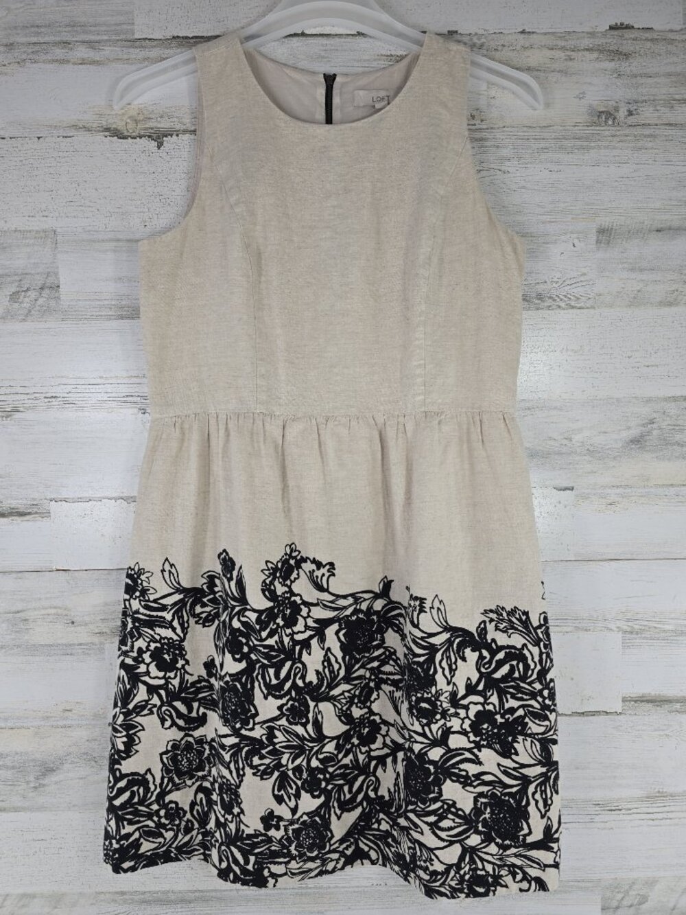 ANN TAYLOR LOFT Linen Cotton Blend Dress Size 12 Beige Black Floral printed *EUC